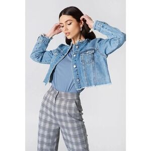 Revolve NA-KD Raw Hem Cropped Short Denim Jacket Blue Women's Size 32 (XXS)